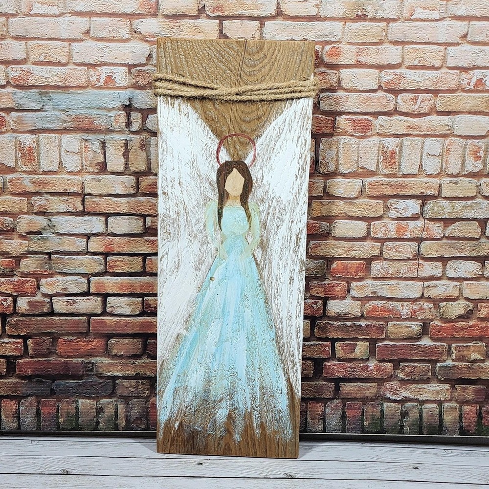 Handmade Wood Angel Wall Plaques Set Of 2 Rustic Primitive Religious Decor - Picture 4 of 9